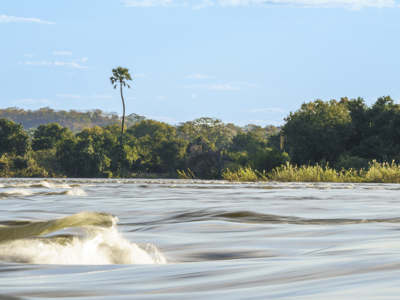 Scenery of rapids of the Zambezi river, long exposure movement. Zambia