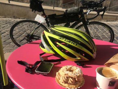 bike, helmet on table outdoors