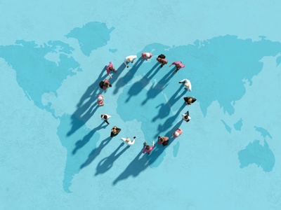 Bright blue map and people standing in a circle