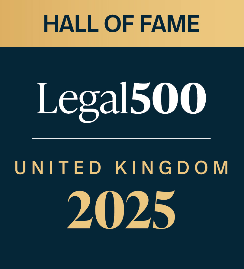 Legal 500 Hall of Fame UK 2025 badge.